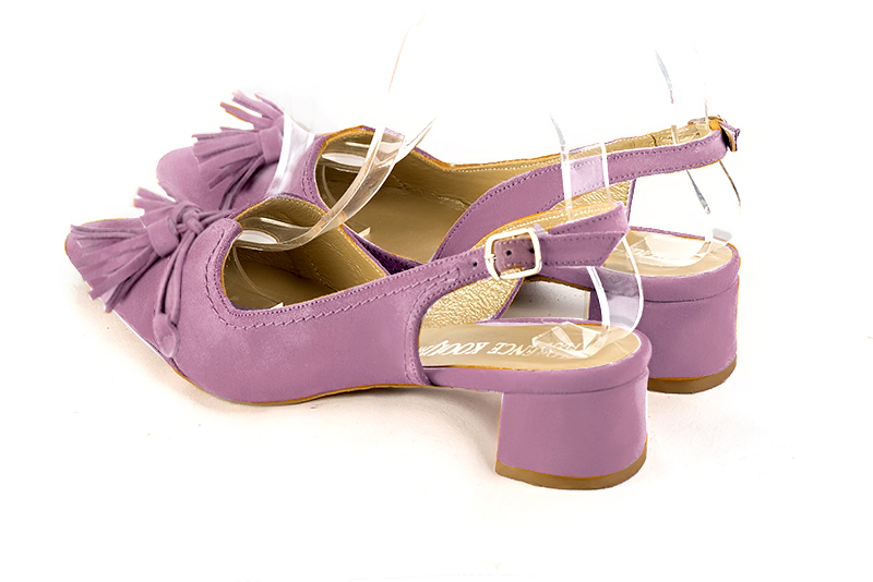 Mauve purple women's open back shoes, with a knot. Tapered toe. Low flare heels. Rear view - Florence KOOIJMAN